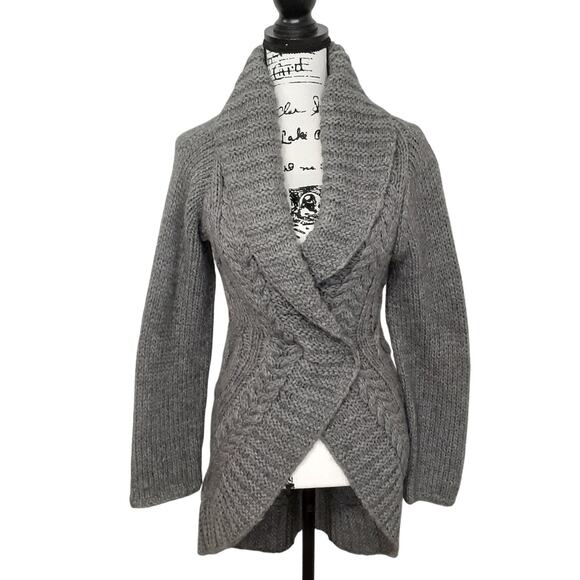 Talbots Alpaca Merino Wool Cardigan Sweater Gray Chunky Knit Cowl Neck Womens M - Picture 1 of 10